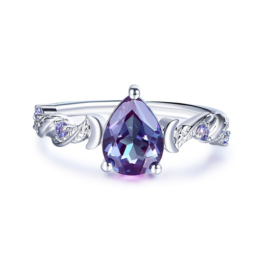 Crescent Bloom Alexandrite Ring in 14k White Gold - Lord of Gem Rings