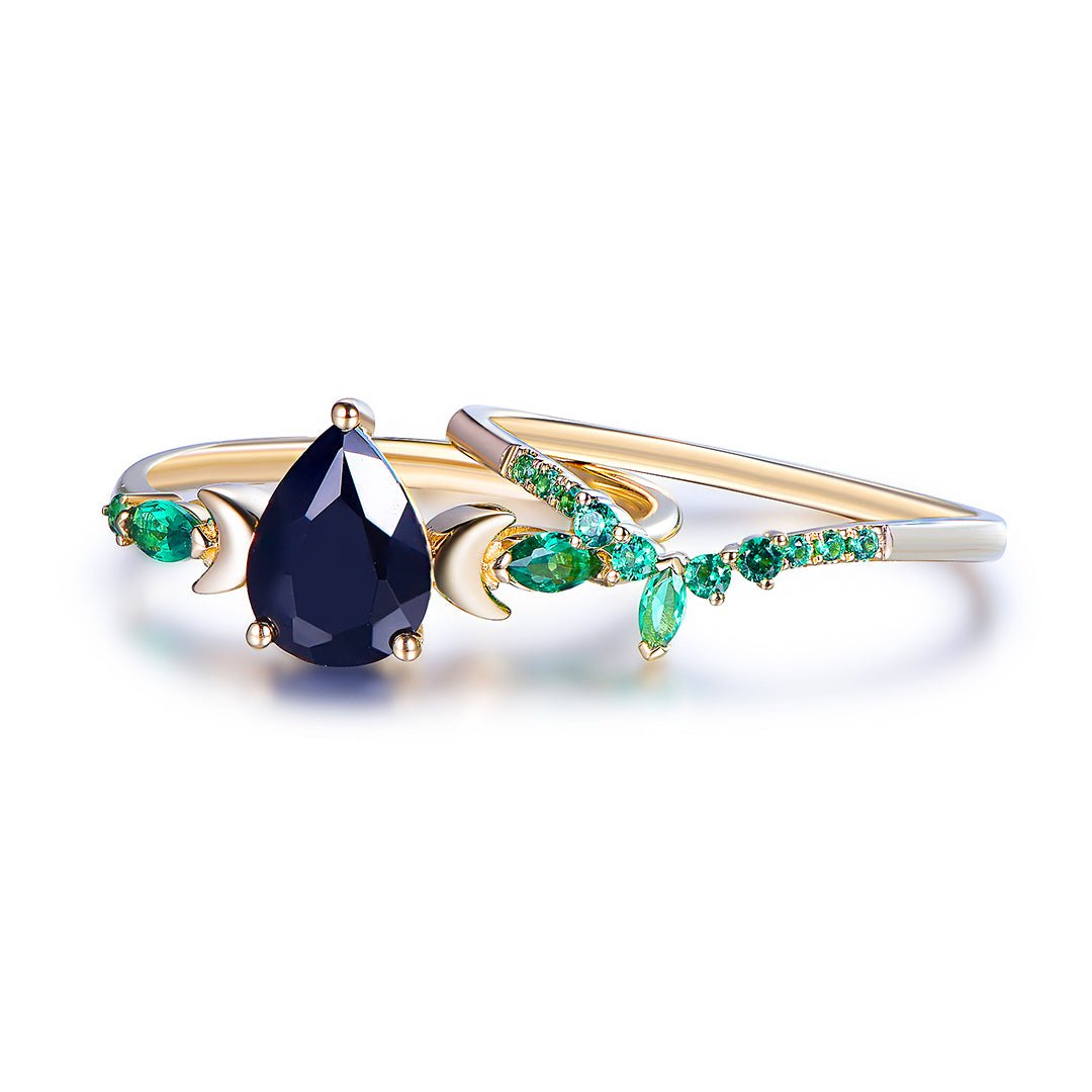 Crescent Noir Onyx & Emerald Ring Set in 14k Yellow Gold - Lord of Gem Rings