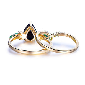Crescent Noir Onyx & Emerald Ring Set in 14k Yellow Gold - Lord of Gem Rings