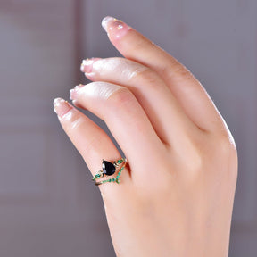 Crescent Noir Onyx & Emerald Ring Set in 14k Yellow Gold - Lord of Gem Rings