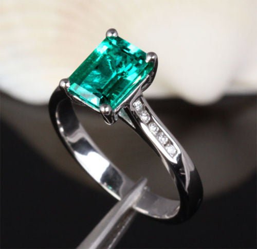 Cross Prong Emerald Cut Emerald Engagement Ring Channel Set Diamond Accents - Lord of Gem Rings