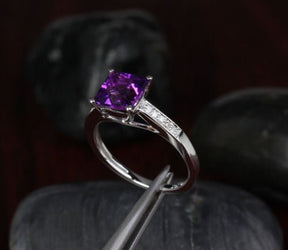 Cross Prong Princess Amethyst Diamond Engagement Ring - Lord of Gem Rings