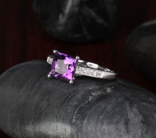 Cross Prong Princess Amethyst Diamond Engagement Ring - Lord of Gem Rings