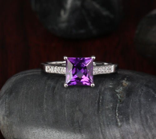 Cross Prong Princess Amethyst Diamond Engagement Ring - Lord of Gem Rings