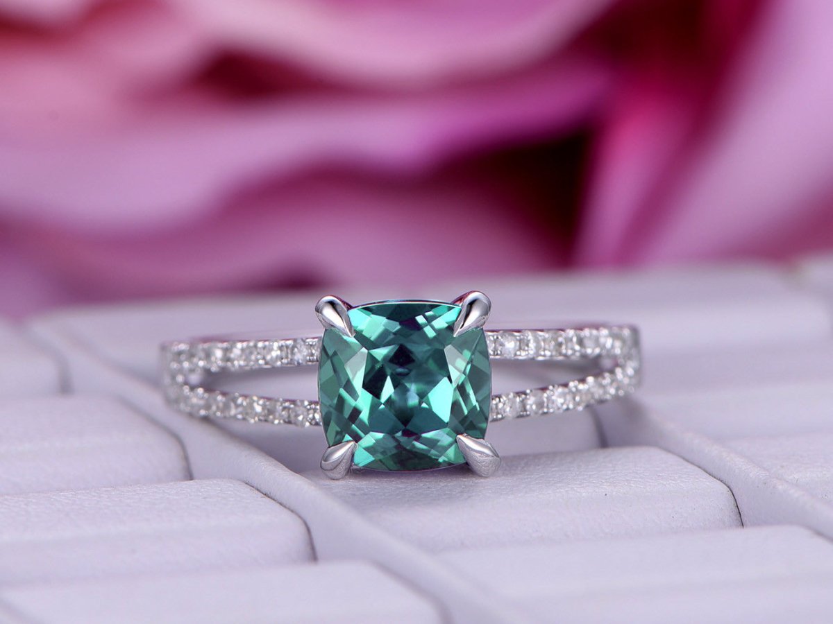 Cushion Alexandrite Diamond Split Shank Engagement Ring - Lord of Gem Rings