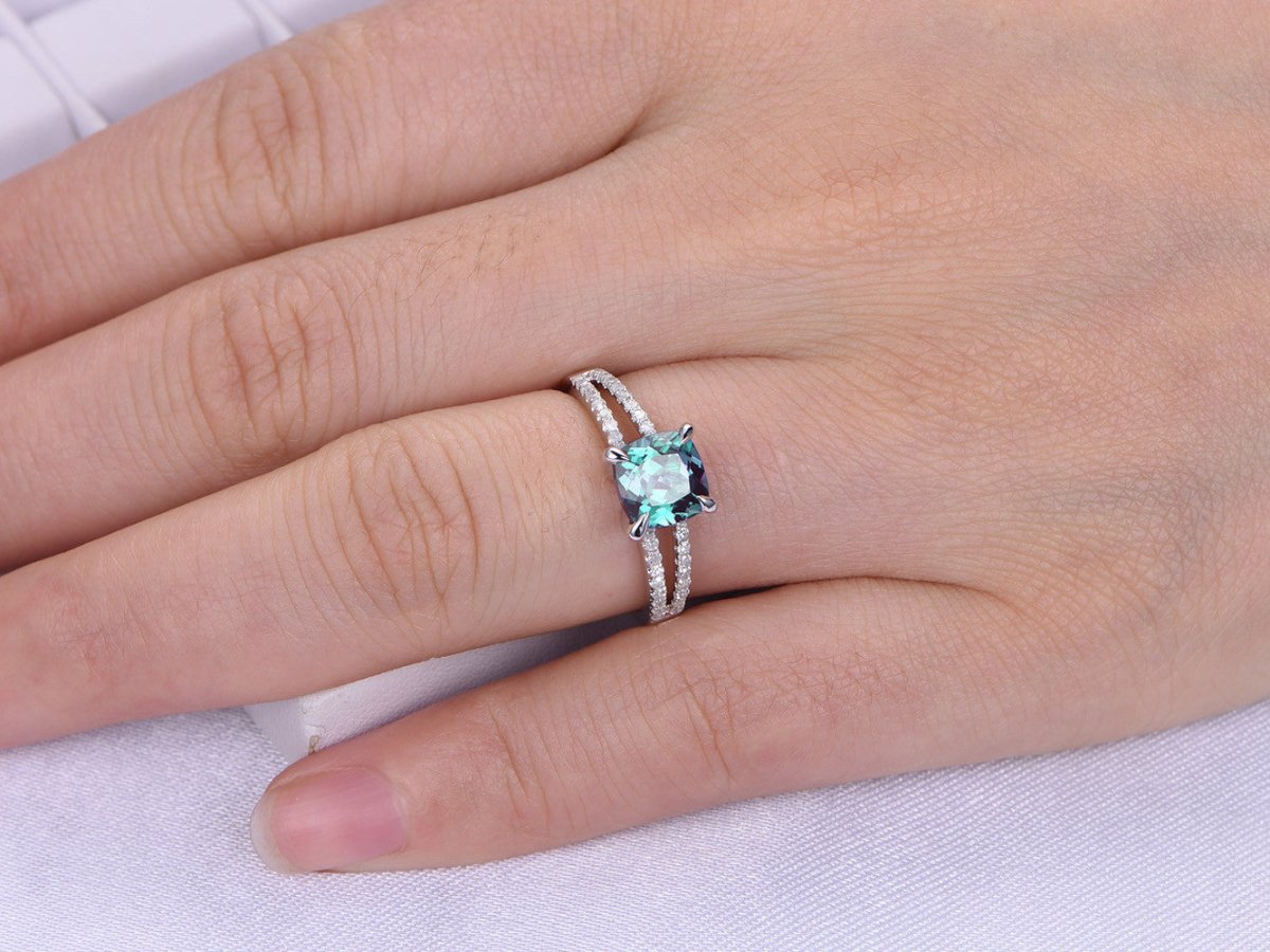 Cushion Alexandrite Diamond Split Shank Engagement Ring - Lord of Gem Rings