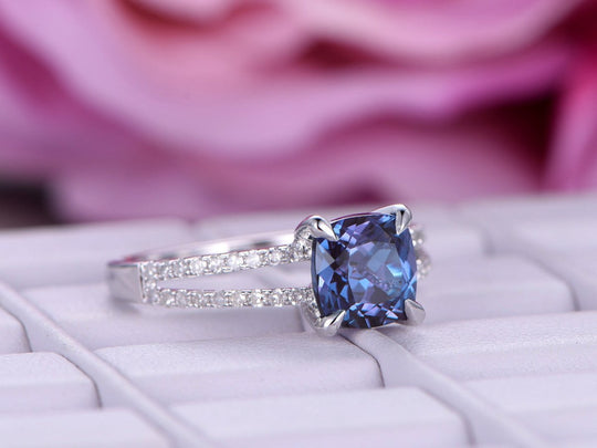 Cushion Alexandrite Diamond Split Shank Engagement Ring