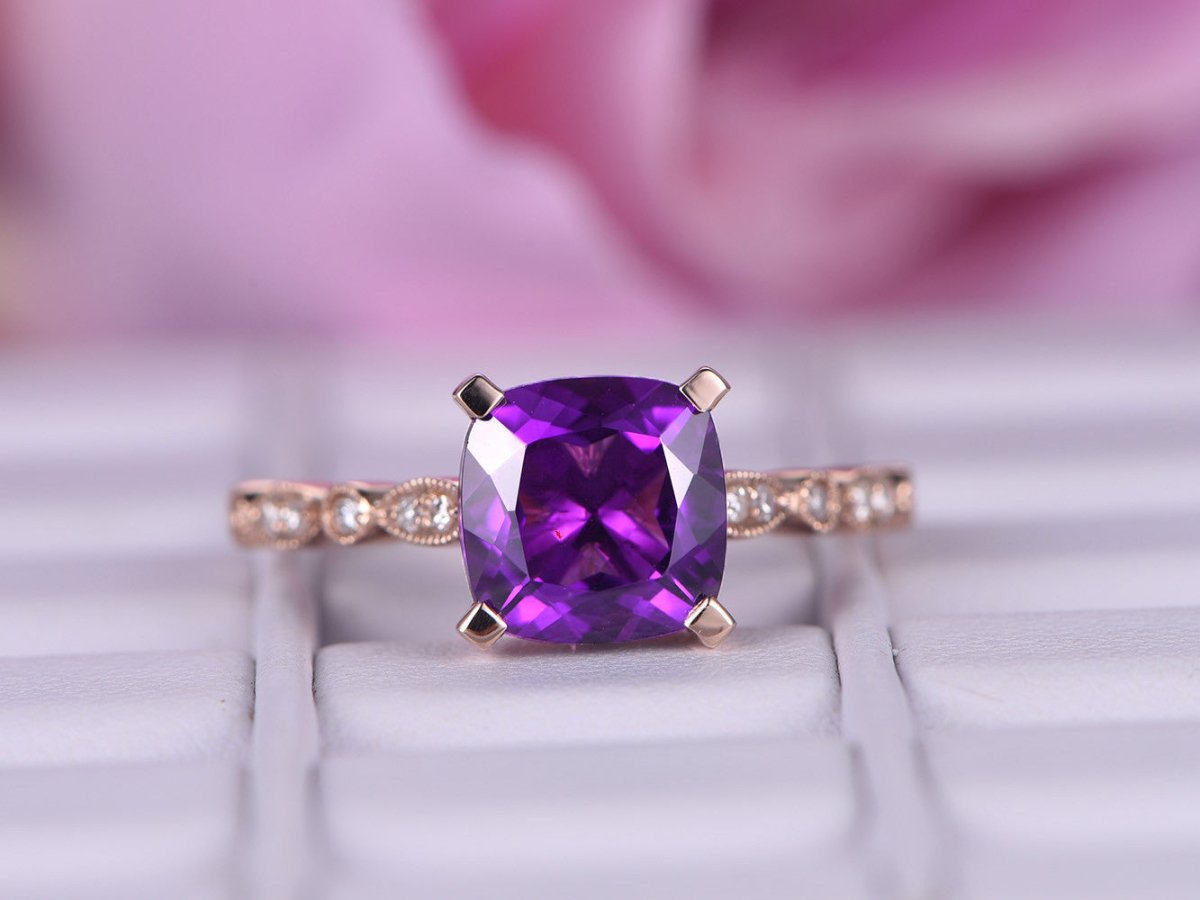Cushion Amethyst Cathedral Ring Art Deco Diamond shank 14k Rose Gold - Lord of Gem Rings
