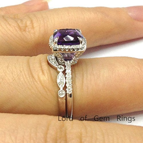 Cushion Amethyst Crescent Diamond Band Bridal Set 14K White Gold - Lord of Gem Rings