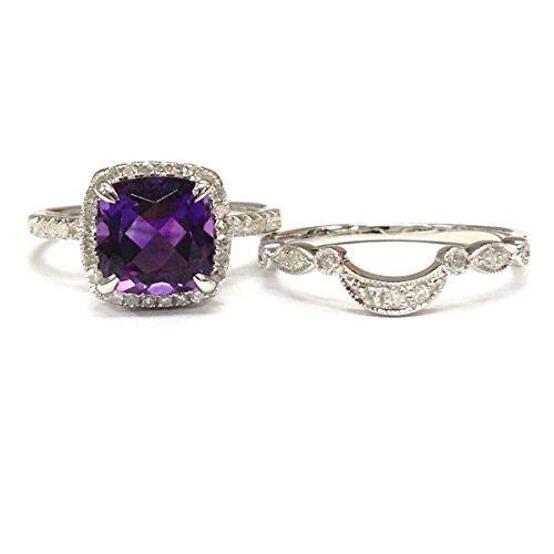 Cushion Amethyst Crescent Diamond Band Bridal Set 14K White Gold