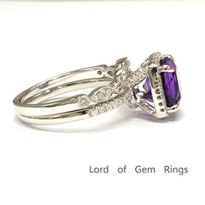 Cushion Amethyst Crescent Diamond Band Bridal Set 14K White Gold - Lord of Gem Rings