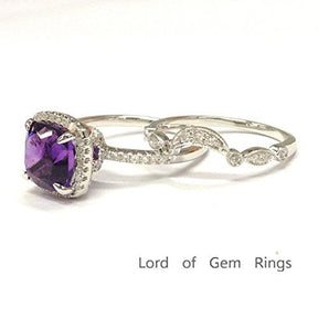 Cushion Amethyst Crescent Diamond Band Bridal Set 14K White Gold - Lord of Gem Rings