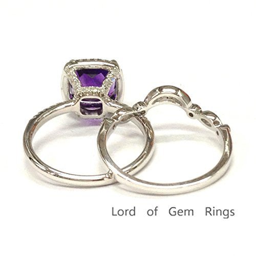 Cushion Amethyst Crescent Diamond Band Bridal Set 14K White Gold - Lord of Gem Rings