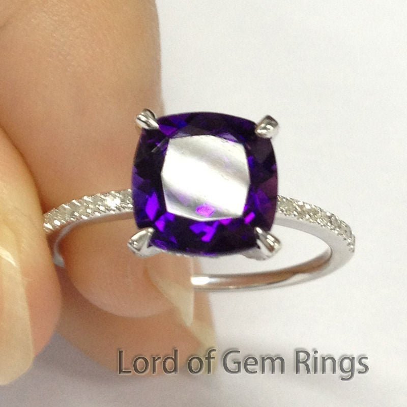 Cushion Amethyst Hidden Halo Ring with Diamond Accents 14K White Gold - Lord of Gem Rings