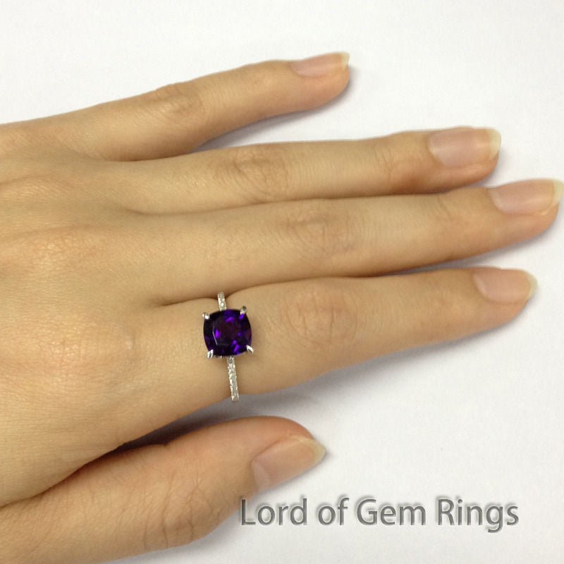 Cushion Amethyst Hidden Halo Ring with Diamond Accents 14K White Gold - Lord of Gem Rings