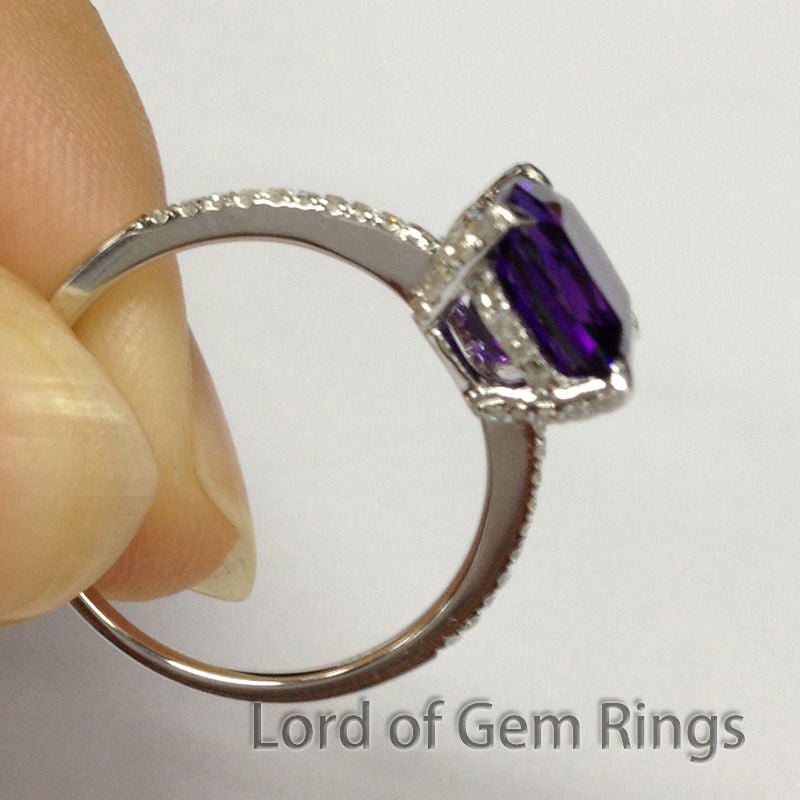 Cushion Amethyst Hidden Halo Ring with Diamond Accents 14K White Gold - Lord of Gem Rings