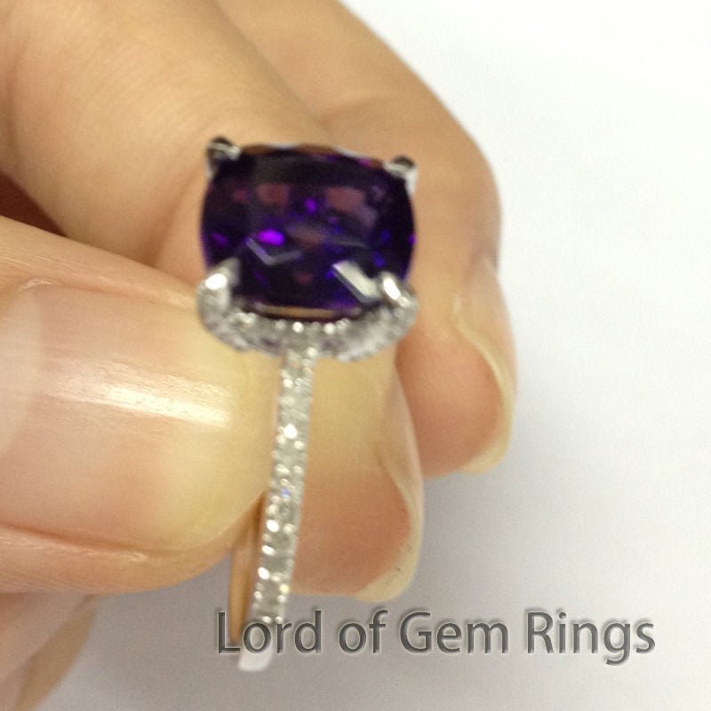 Cushion Amethyst Hidden Halo Ring with Diamond Accents 14K White Gold - Lord of Gem Rings