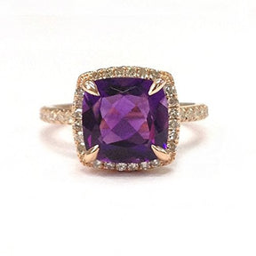 Cushion Amethyst Ring Diamond Hidden Accents 14K Gold - Lord of Gem Rings