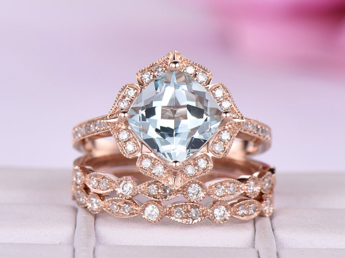 Cushion Aquamarine Art Deco Diamond Bridal Trio Set 14K Rose Gold - Lord of Gem Rings