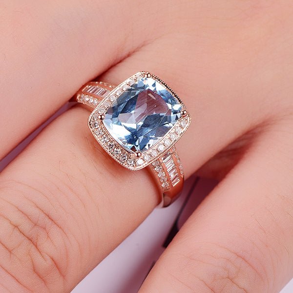 Cushion Aquamarine Baguette Diamond Milgrain Halo Ring - Lord of Gem Rings