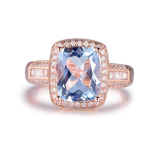 Cushion Aquamarine Baguette Diamond Milgrain Halo Ring