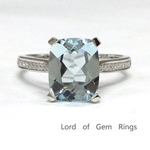 Cushion Aquamarine Diamod Cathedral Engagement Ring 14K White Gold