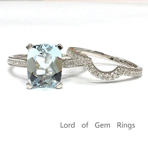 Cushion Aquamarine Diamond Bridal Set 14K White Gold