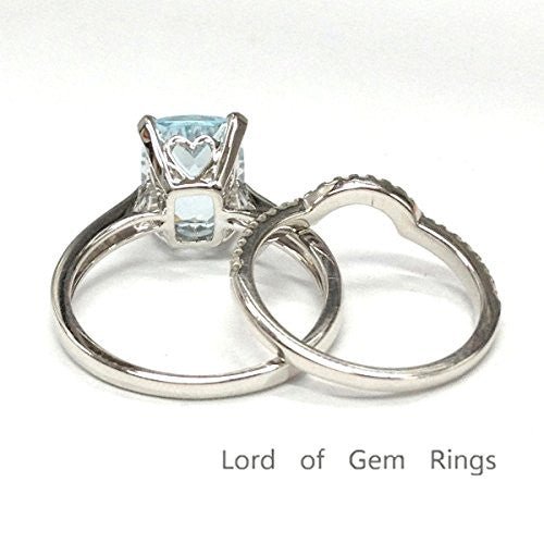 Cushion Aquamarine Diamond Bridal Set 14K White Gold - Lord of Gem Rings