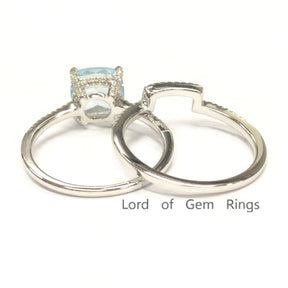 Cushion Aquamarine Diamond Bridal Set 14K White Gold - Lord of Gem Rings