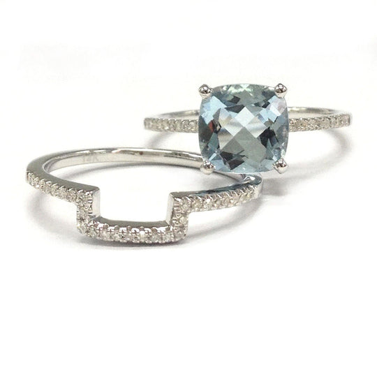 Cushion Aquamarine Diamond Bridal Set 14K White Gold