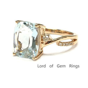 Cushion Aquamarine Diamond Crossover Ring 14K Rose Gold - Lord of Gem Rings