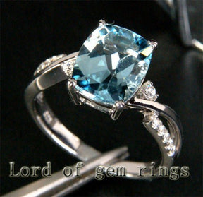 Cushion Aquamarine Diamond Crossover Ring 14K White Gold - Lord of Gem Rings