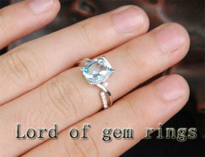 Cushion Aquamarine Diamond Crossover Ring 14K White Gold - Lord of Gem Rings