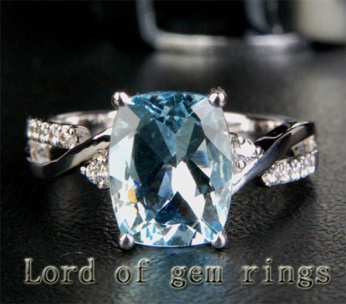 Cushion Aquamarine Diamond Crossover Ring 14K White Gold