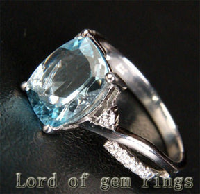 Cushion Aquamarine Diamond Crossover Ring 14K White Gold - Lord of Gem Rings