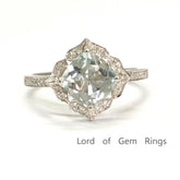 Cushion Aquamarine Diamond Floral Halo Ring 14K White Gold - Lord of Gem Rings