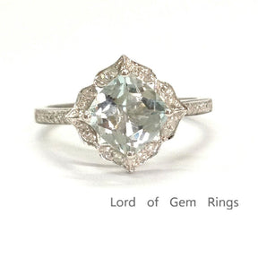 Cushion Aquamarine Diamond Floral Halo Ring 14K White Gold - Lord of Gem Rings