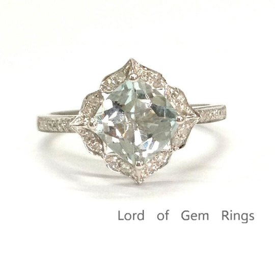 Cushion Aquamarine Diamond Floral Halo Ring 14K White Gold