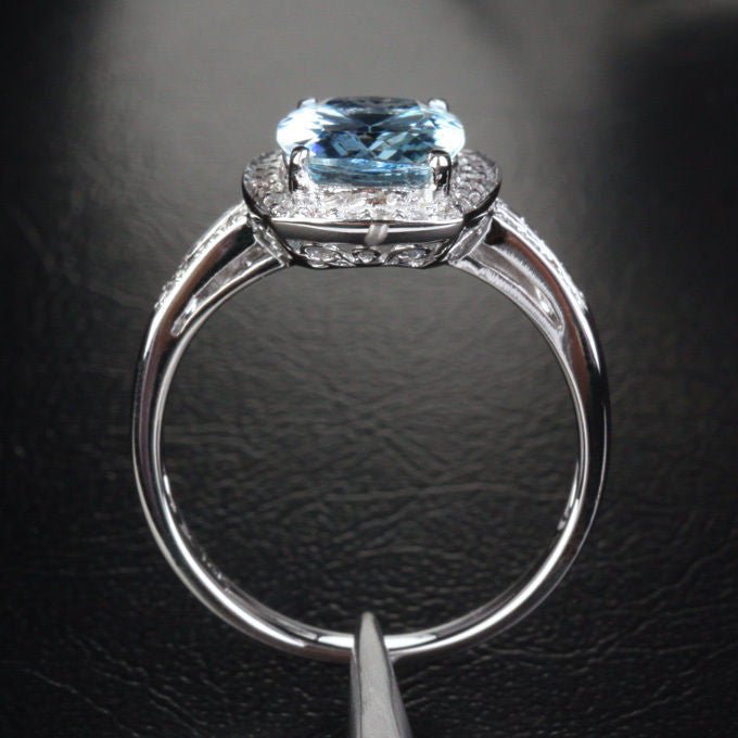 Cushion Aquamarine Double Row Diamond Shank Halo Ring - Lord of Gem Rings