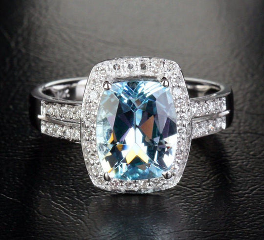 Cushion Aquamarine Double Row Diamond Shank Halo Ring