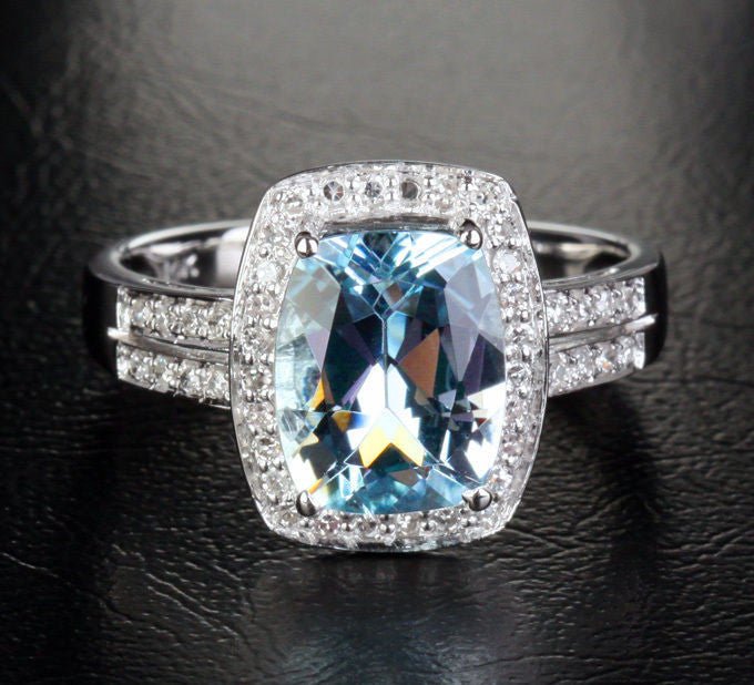 Cushion Aquamarine Double Row Diamond Shank Halo Ring - Lord of Gem Rings