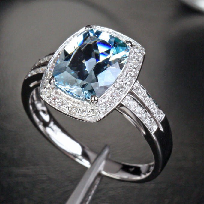 Cushion Aquamarine Double Row Diamond Shank Halo Ring - Lord of Gem Rings