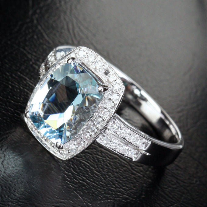 Cushion Aquamarine Double Row Diamond Shank Halo Ring - Lord of Gem Rings