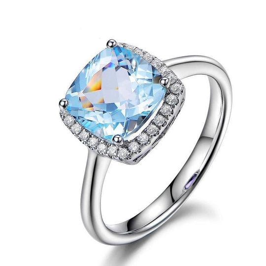 Cushion Aquamarine Engagement Ring with Diamond Halo 14K White Gold