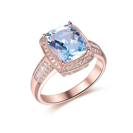 Cushion Aquamarine Haol Ring Baguette Diamond Shank 14K Rose Gold