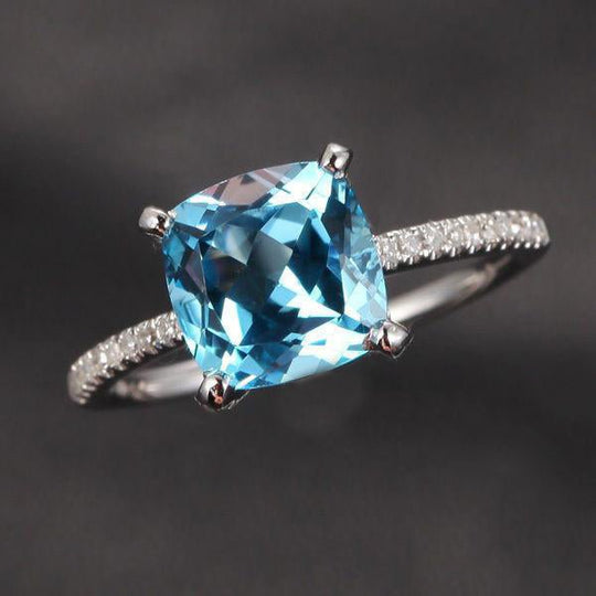 Cushion Aquamarine Hidden Halo with Diamond Accents 14K White Gold