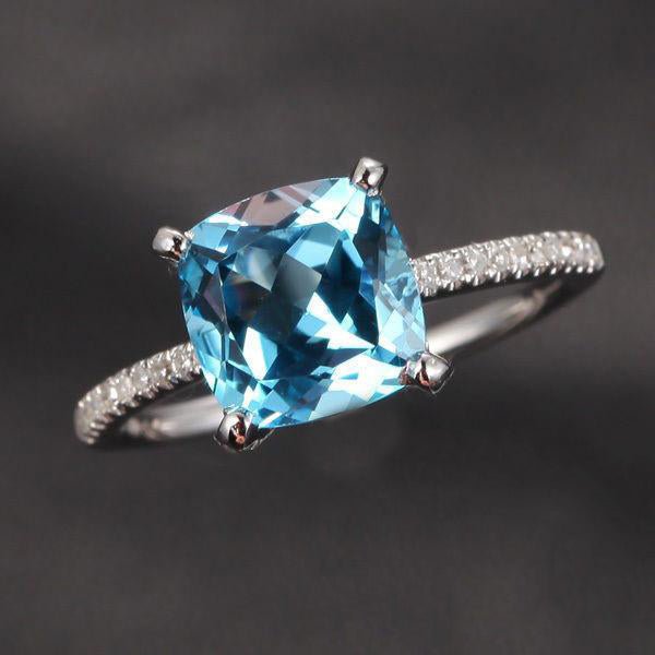 Cushion Aquamarine Hidden Halo with Diamond Accents 14K White Gold - Lord of Gem Rings