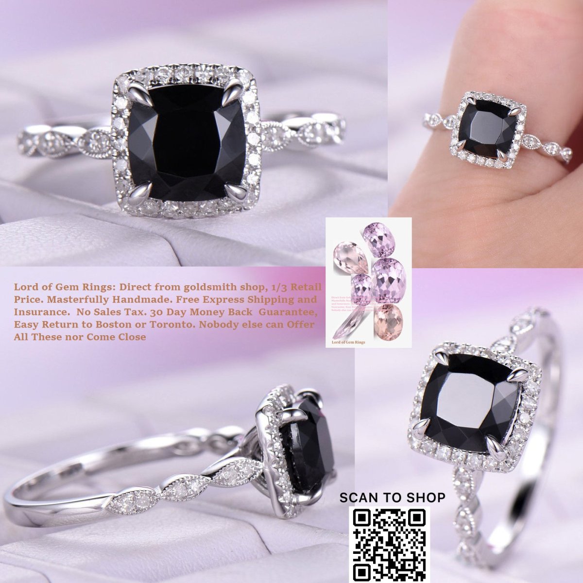 Cushion Black Spinel Cathedral Ring Pave Diamond Wedding 14K White Gold 6.5mm - Lord of Gem Rings