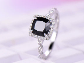 Cushion Black Spinel Cathedral Ring Pave Diamond Wedding 14K White Gold 6.5mm - Lord of Gem Rings