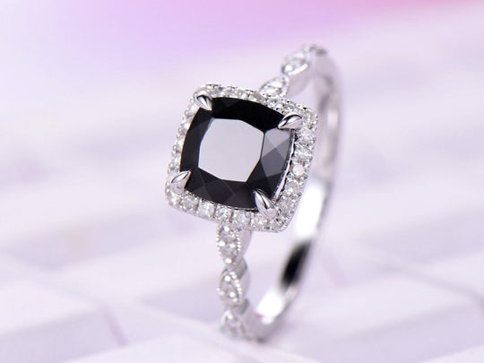 Cushion Black Spinel Cathedral Ring Pave Diamond Wedding 14K White Gold 6.5mm